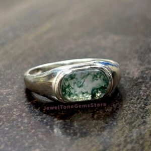 Moss Agate Signet Ring: Cushion Cut, 925 Sterling Silver Moss Agate Signet Ring: Cushion Cut, 925 Sterling Silver