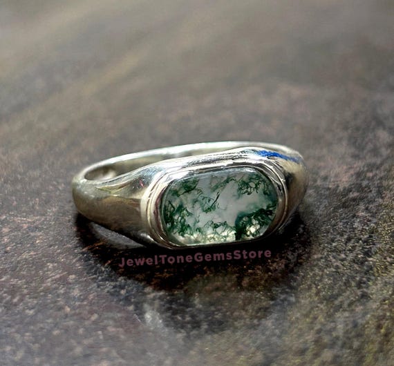 Moss Agate Signet Ring: Cushion Cut, 925 Sterling Silver Moss Agate Signet Ring: Cushion Cut, 925 Sterling Silver