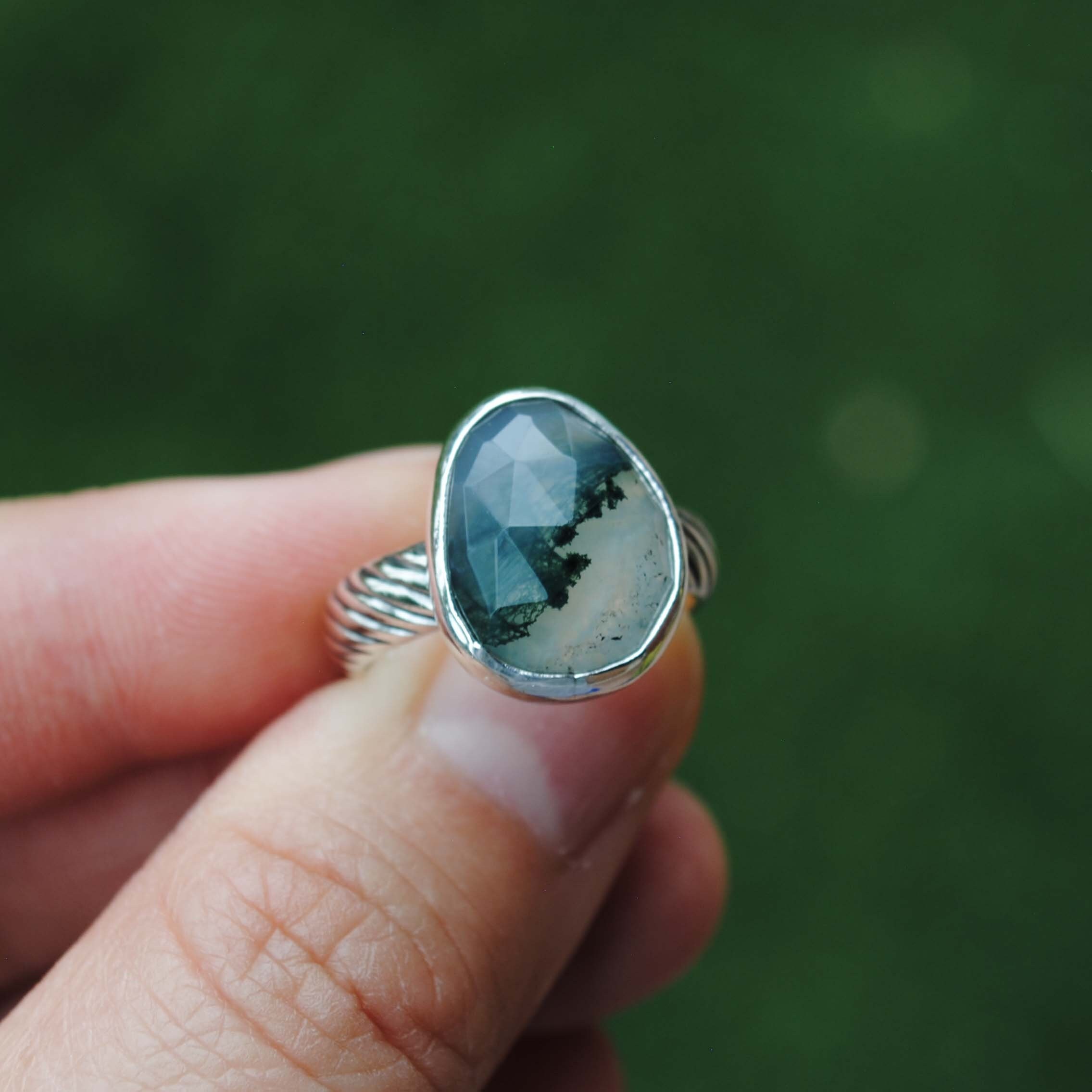 Size 5.25, Sterling Silver Moss Agate Ring, Rose Cut Faceted Moss Agate Jewelry