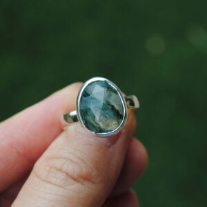 Size 7, Sterling Silver Moss Agate Ring, Rose Cut Faceted Moss Agate Jewelry