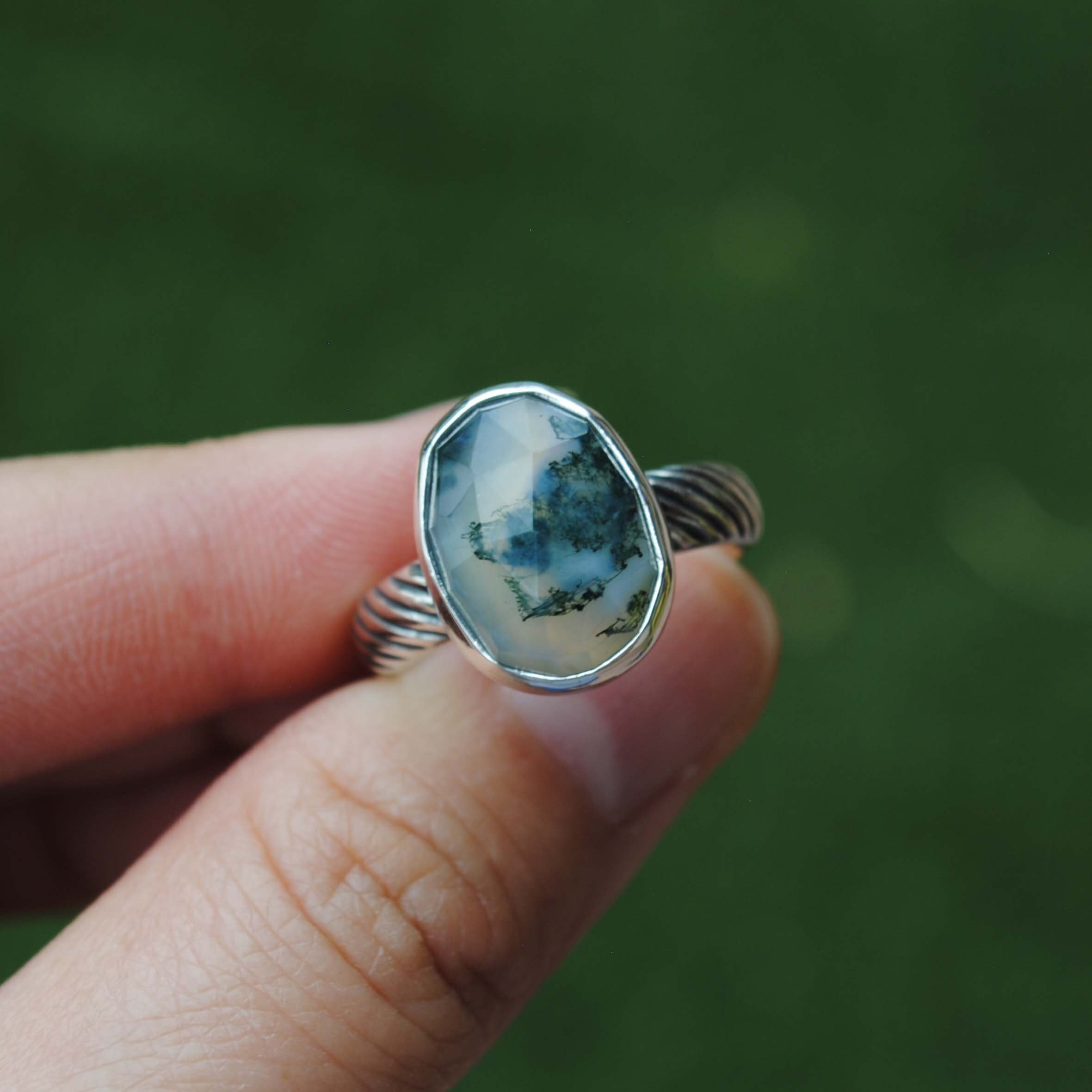 Size 8, Sterling Silver Moss Agate Ring, Rose Cut Faceted Moss Agate Jewelry
