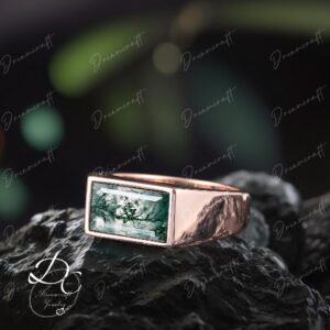 Solid 14k /18k Gold Men Band Wedding Band Minimalist Ring Moss Agate Ring Gemstone Wedding Anniversary Stacking Band Promise Ring For Him