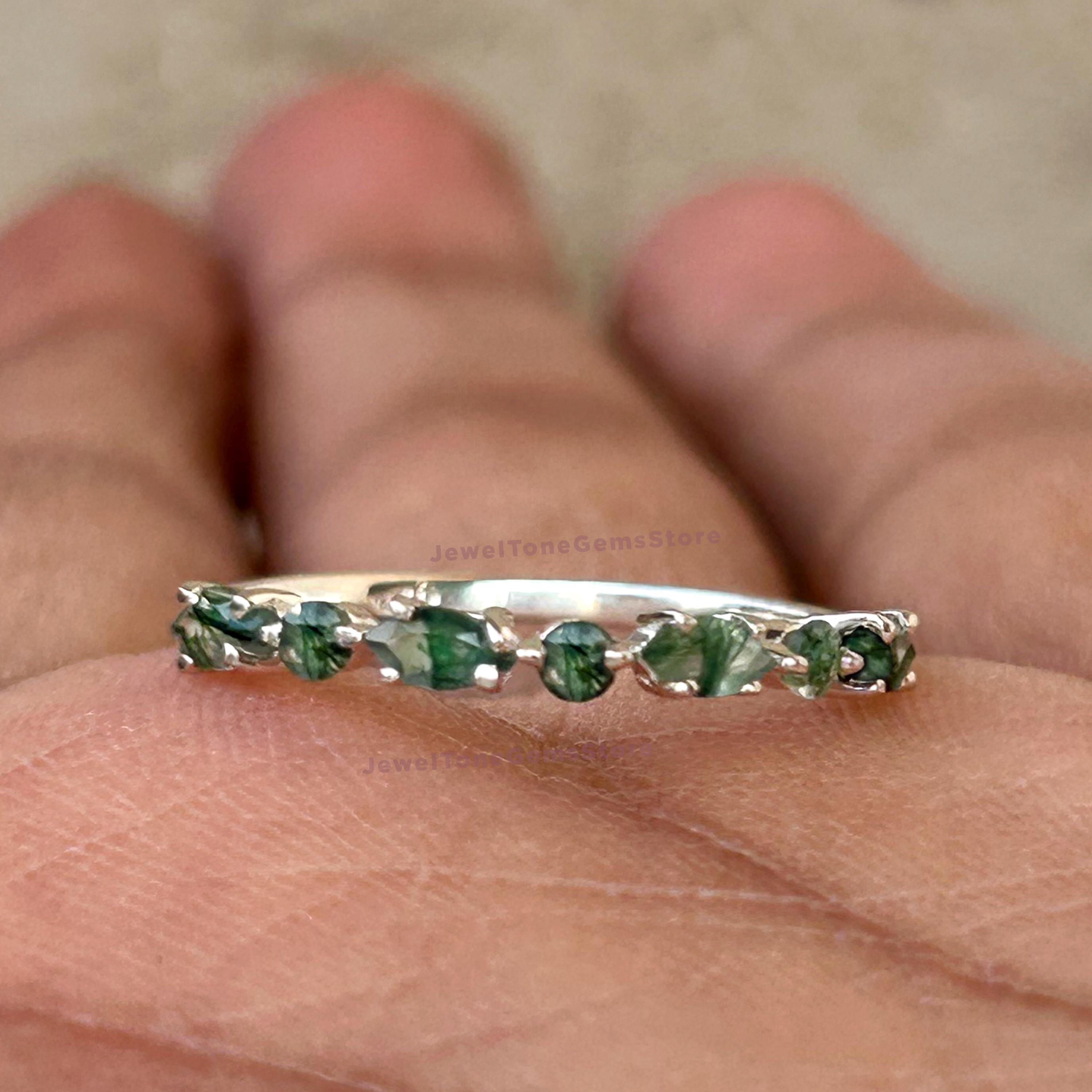 Sterling Silver Moss Agate Wedding Band: Handmade Half Eternity Ring