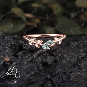 Unique Rose Gold wedding band leaf moss agate wedding band Art deco marquise stacking band  Wedding ring Vintage matching band ring Women