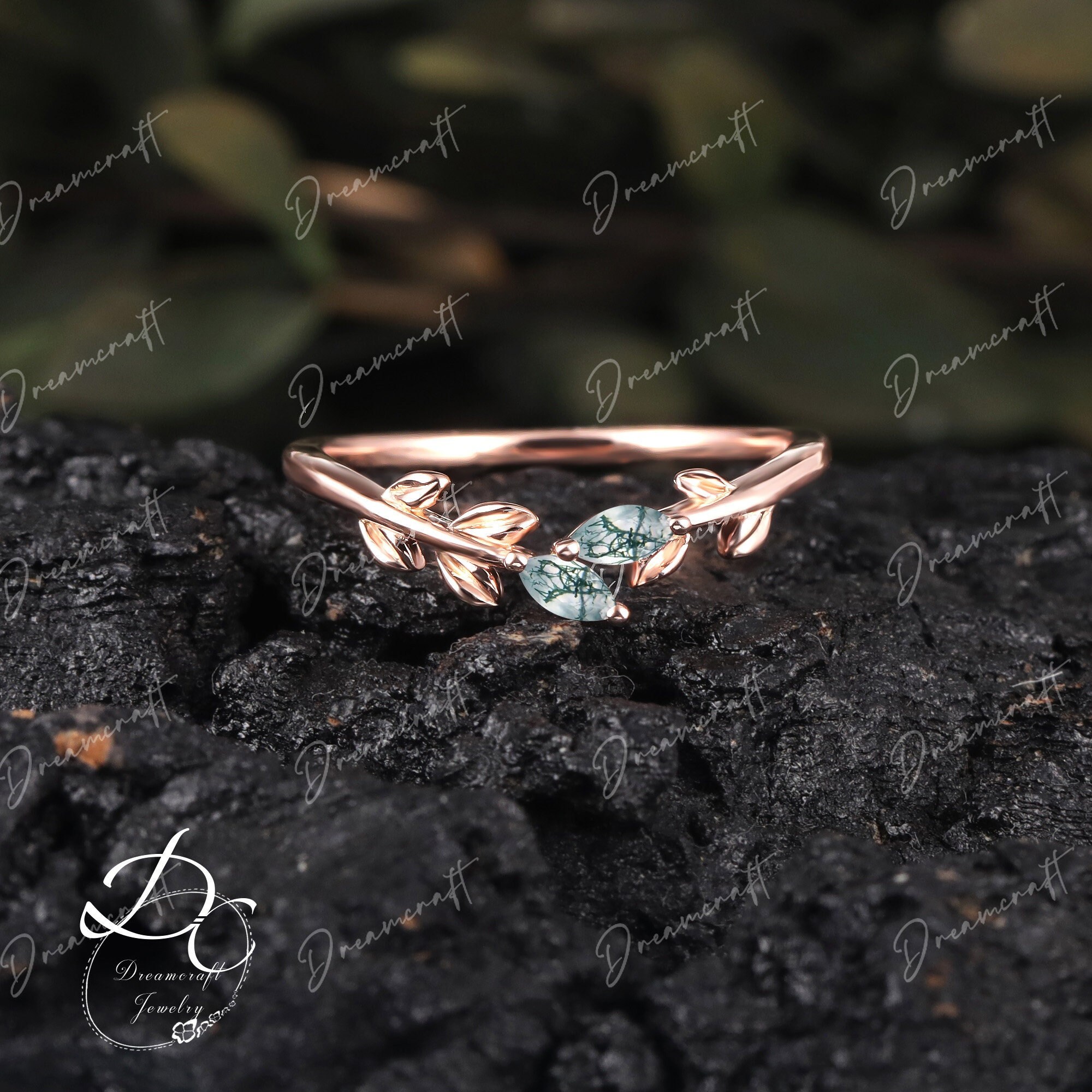 Unique Rose Gold Wedding Band Leaf Moss Agate Wedding Band Art Deco Marquise Stacking Band Wedding Ring Vintage Matching Band Ring Women Unique Rose Gold Wedding Band Leaf Moss Agate Wedding Band Art Deco Marquise Stacking Band Wedding Ring Vintage Matching Band Ring Women