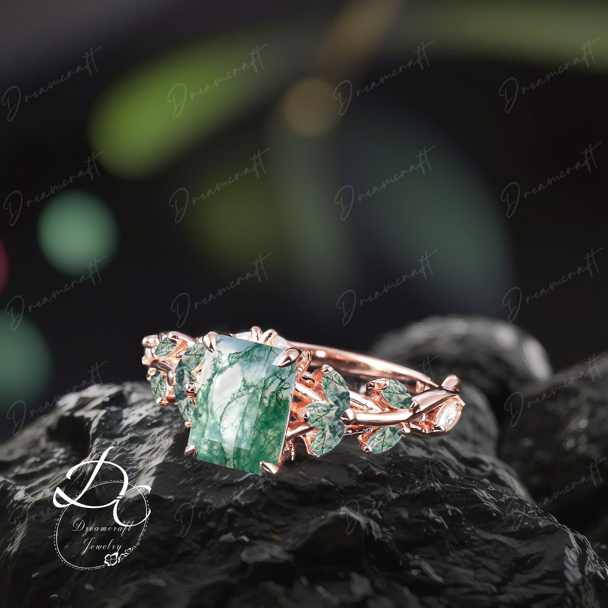 Vintage Emerald Cut Moss Agate Engagement Ring Nature Inspired Cluster Promise Ring Rose Gold Art Deco Leaf Green Gemstone Branch Ring Vintage Emerald Cut Moss Agate Engagement Ring Nature Inspired Cluster Promise Ring Rose Gold Art Deco Leaf Green Gemstone Branch Ring