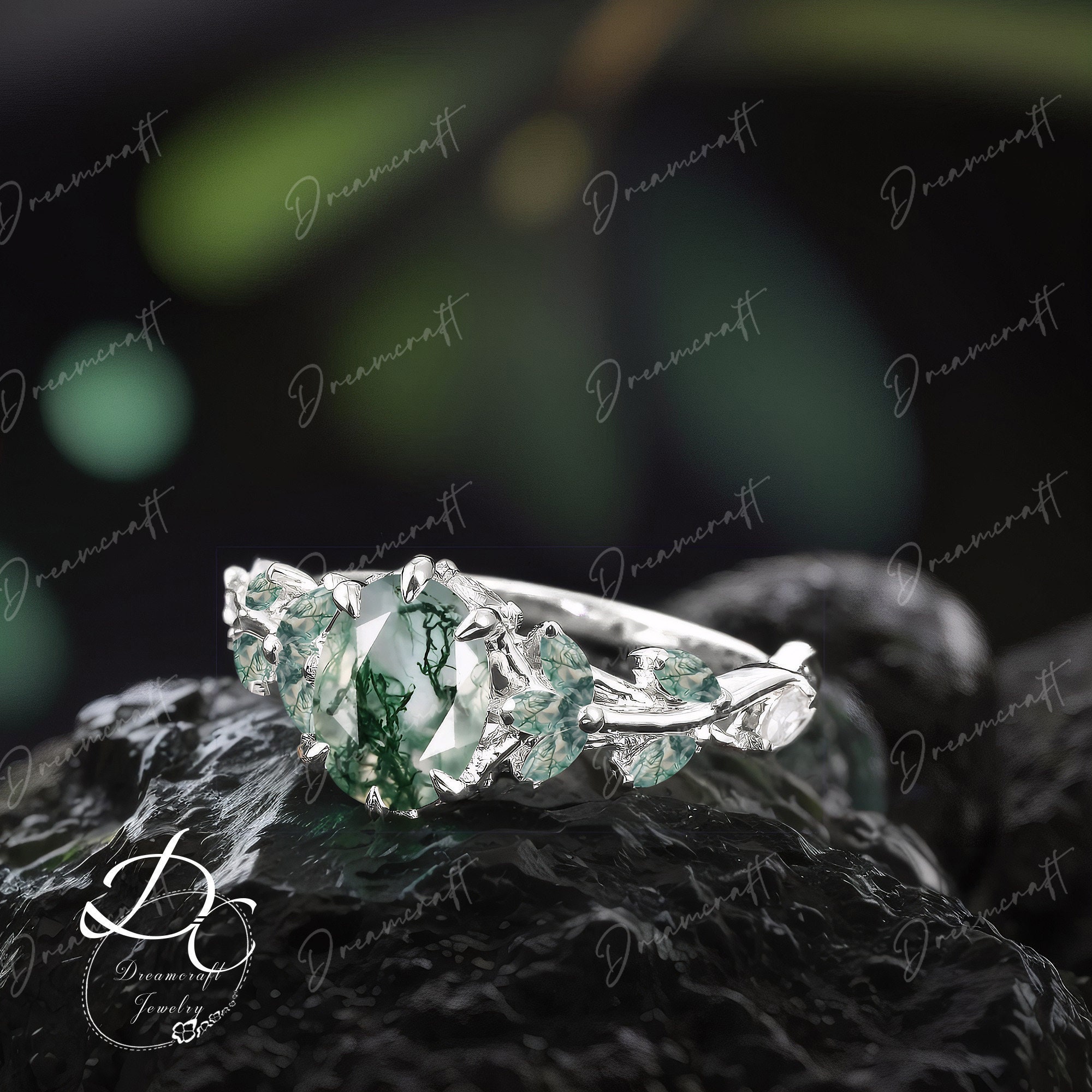 Vintage Moss Agate Engagement Ring Unique Promise Ring For Her White Gold Art Deco Leaf Branch Oval Cut Branch Nature Inspired Cluster Ring