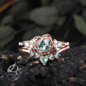 Vintage Moss Agate Engagement Ring Set Nature Inspired Cluster Promise Ring Rose Gold Art Deco Green Gemstone Flower Bridal Set Women Vintage Moss Agate Engagement Ring Set Nature Inspired Cluster Promise Ring Rose Gold Art Deco Green Gemstone Flower Bridal Set Women