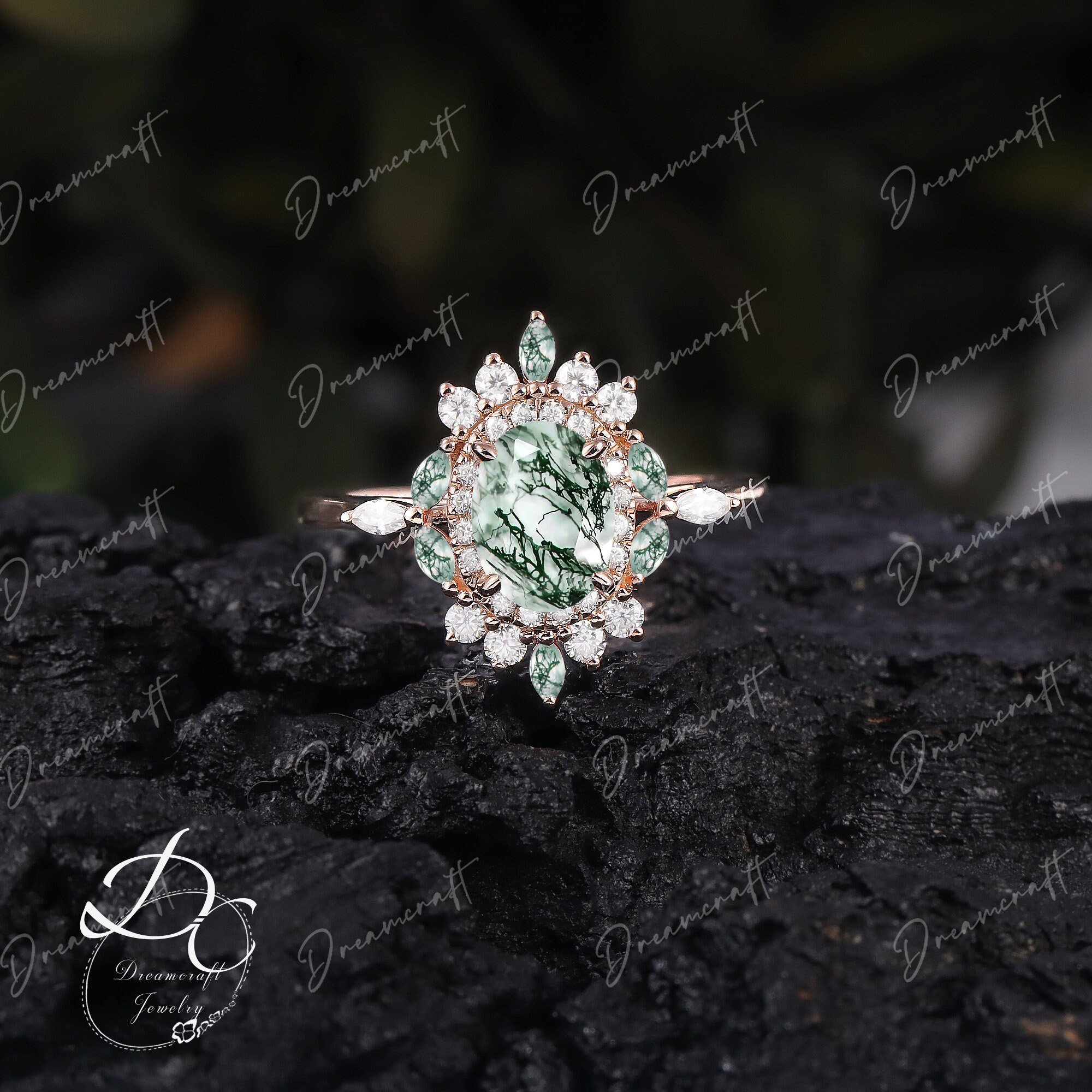 Vintage Moss Agate Engagement Ring Oval Rose Gold Ring Halo Engagement Ring Unique Green Gemstone Promise Ring Bridal Ring Anniversary Gifts Vintage Moss Agate Engagement Ring Oval Rose Gold Ring Halo Engagement Ring Unique Green Gemstone Promise Ring Bridal Ring Anniversary Gifts