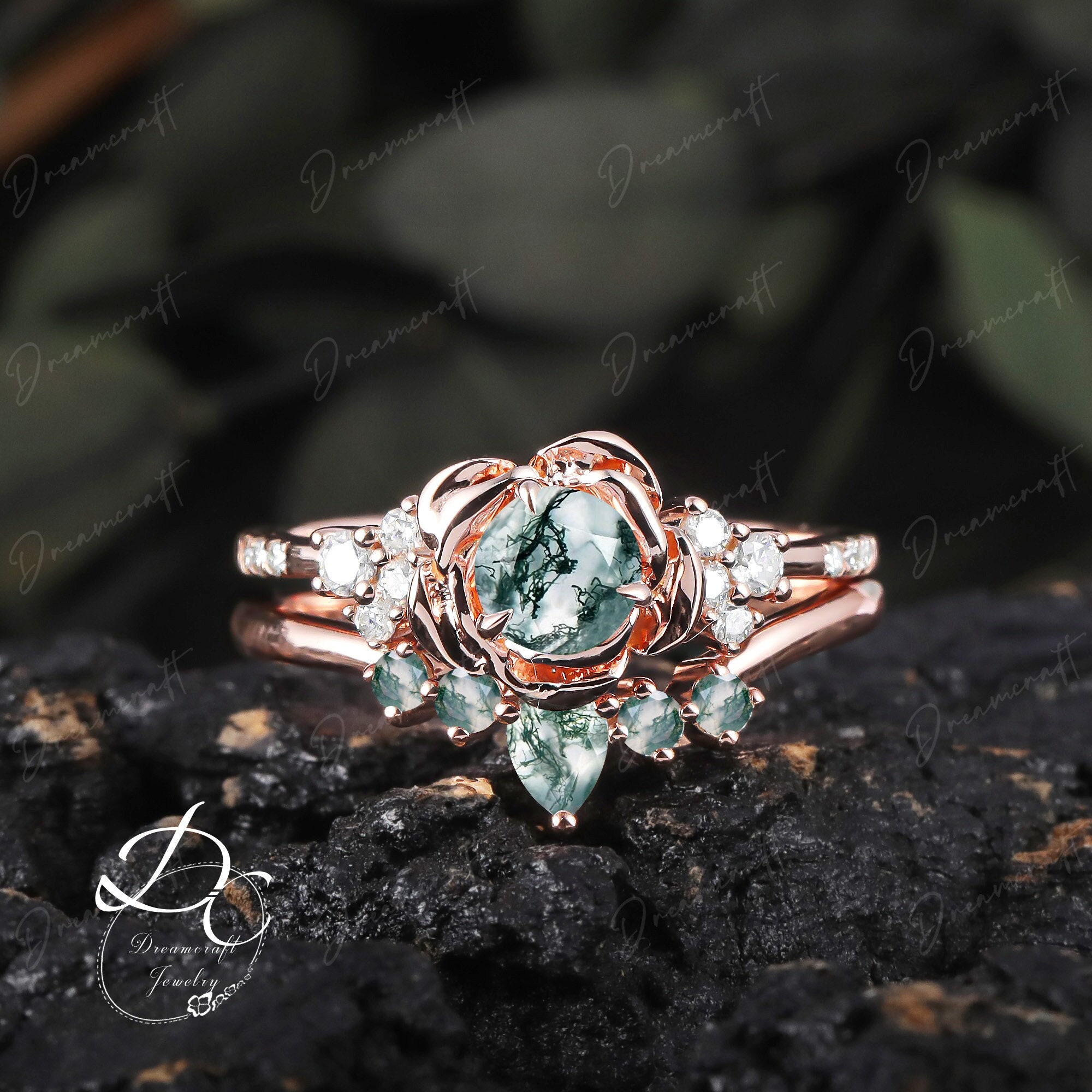 Vintage Moss Agate Engagement Ring Set Nature Inspired  Cluster Promise Ring Rose Gold Art Deco Green Gemstone Flower Bridal Set Women