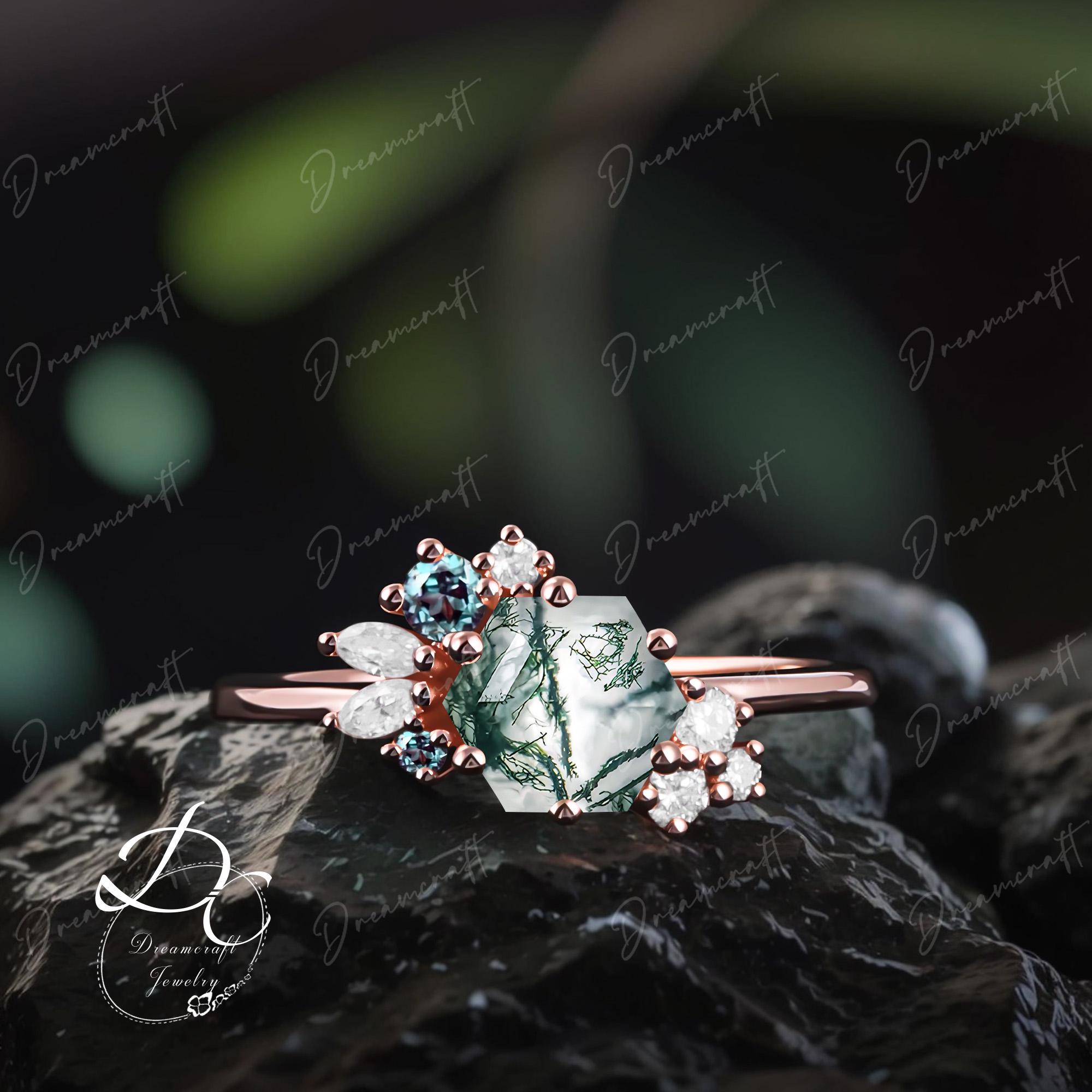 Vintage Hexagon Cut Moss Agate Engagement Ring Rose Gold Unique Promise Ring For Her Cluster Art Deco Green Gemstone Bridal Ring Gifts