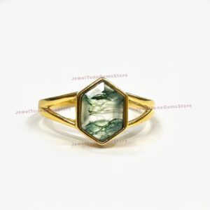 Vintage Hexagon Moss Agate Ring: Gold Plated Sterling Silver Solitaire
