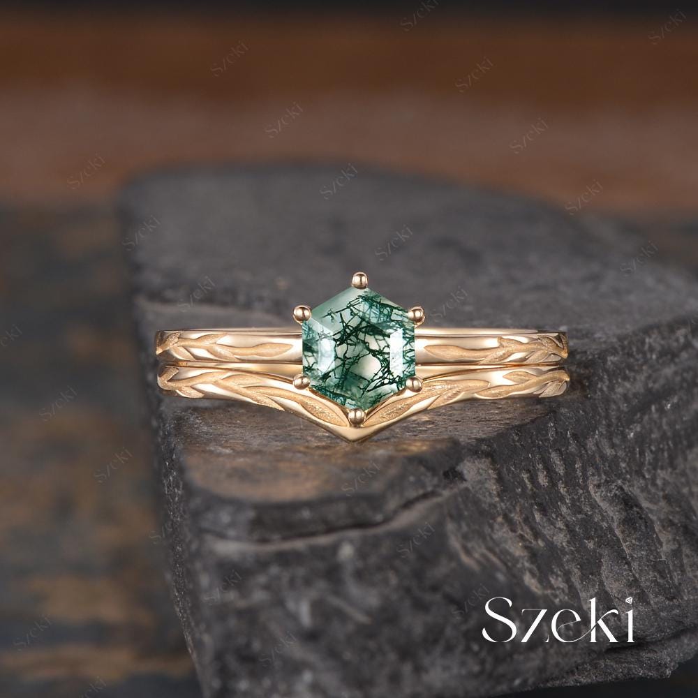 Vintage Hexagon Cut Moss Agate Engagement Ring Set Yellow Gold Leaf Engraved Ring Natural Inspired Ring Dainty Ring Anniversary Gifts