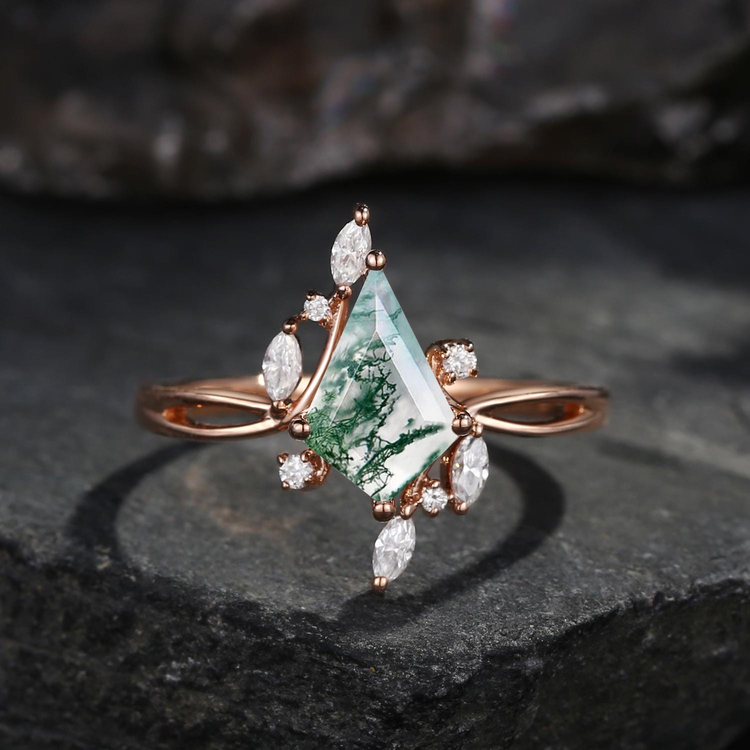 Vintage Kite Cut Moss Agate Engagement Ring Rose Gold Marquise Cut Moss Agate Ring Inspired Leaf Ring Split Shank Art Deco Promise Ring