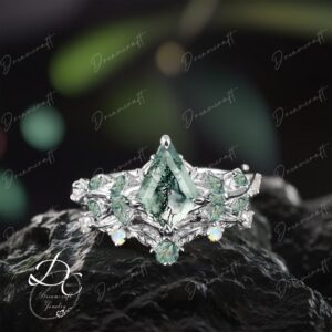 Vintage Kite Cut Moss Agate Engagement Ring Sets Cluster Promise Ring White Gold Art Deco Leaf Green Gemstone Bridal Sets Branch Ring Gift Vintage Kite Cut Moss Agate Engagement Ring Sets Cluster Promise Ring White Gold Art Deco Leaf Green Gemstone Bridal Sets Branch Ring Gift