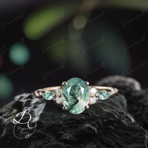 Vintage Oval Cut Moss agate engagement ring Yellow gold Bridal Ring Promise Ring For Her Art Deco Anniversary gifts Cluster ring for Women