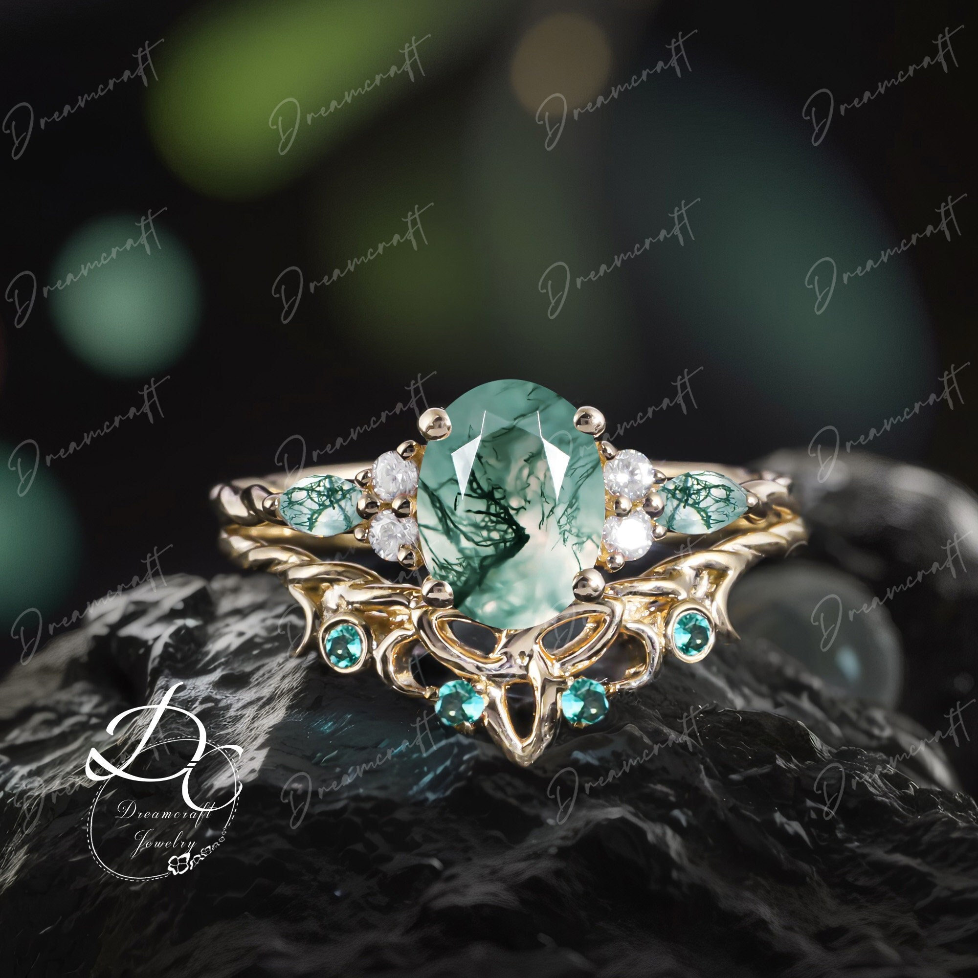 Vintage Oval Cut Moss Agate Engagement Ring Yellow Gold Bridal Ring Sets Promise Ring Art Deco Anniversary Gifts Cluster Ring For Women
