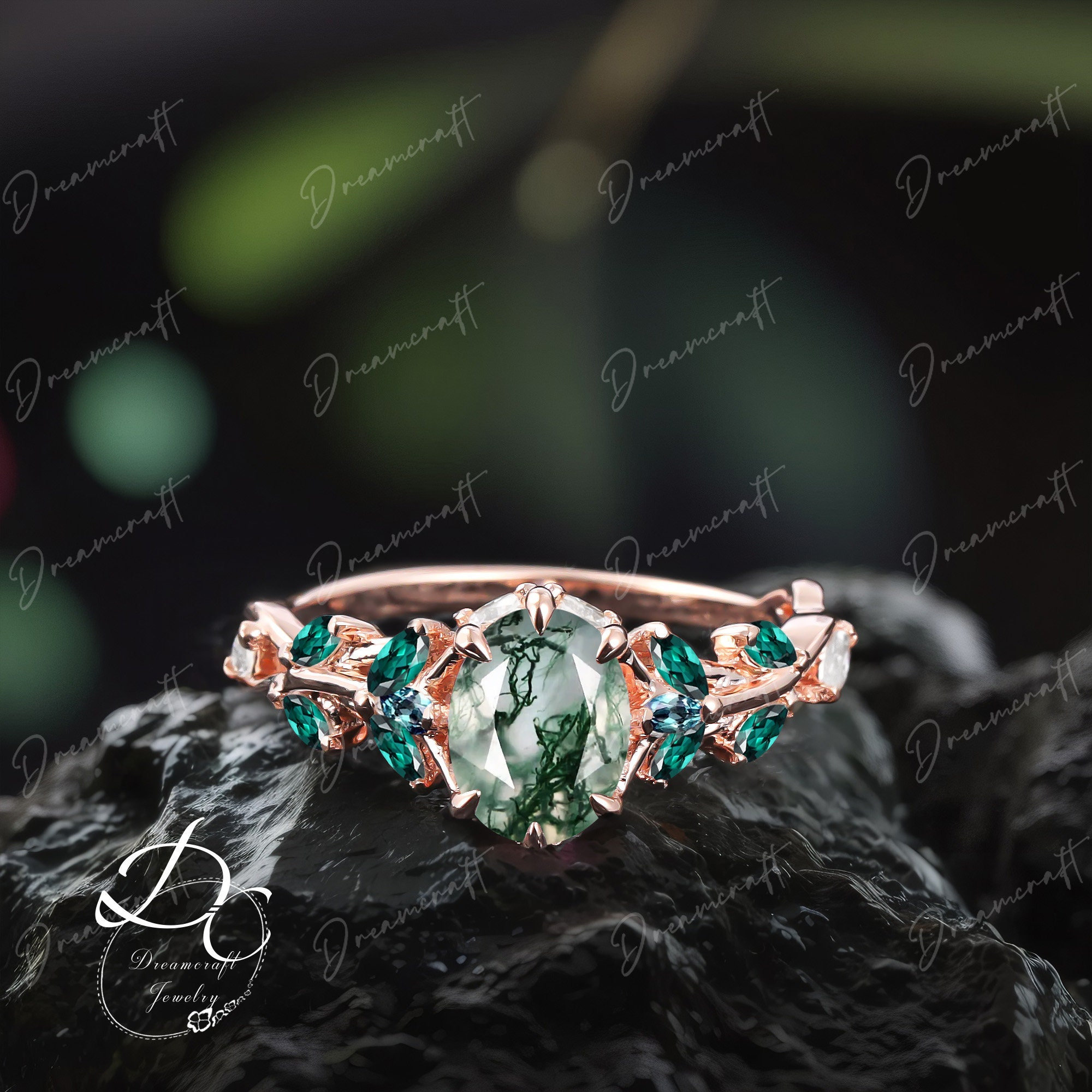 Vintage Oval Cut Moss Agate Engagement Ring Unique Promise Ring For Her Rose Gold Art Deco Leaf Green Branch Nature Inspired Cluster Ring