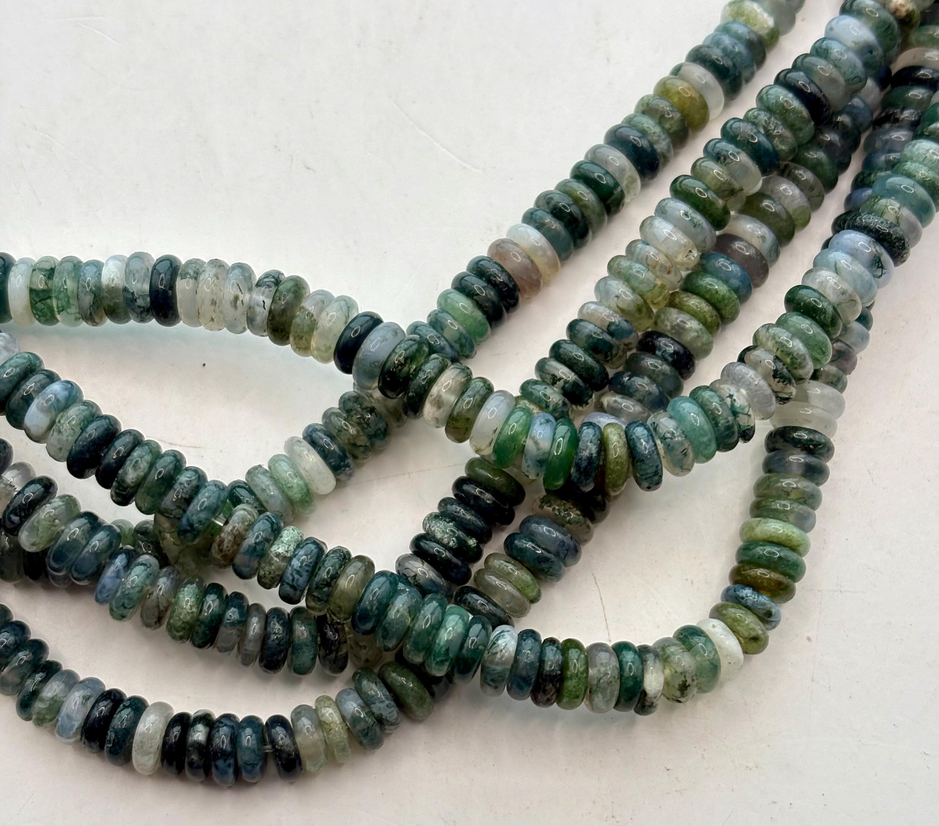 2x6mm Rondelle Moss Agate Gemstone Beads. 15” Strand Of Thin Beads, Approx. 170 Per Strand.