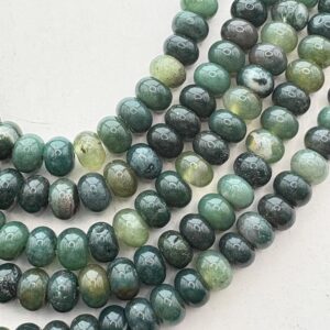 4x6mm rondelle Moss Agate gemstone beads. 15” strand of rondelle beads, approx. 89 beads per strand.