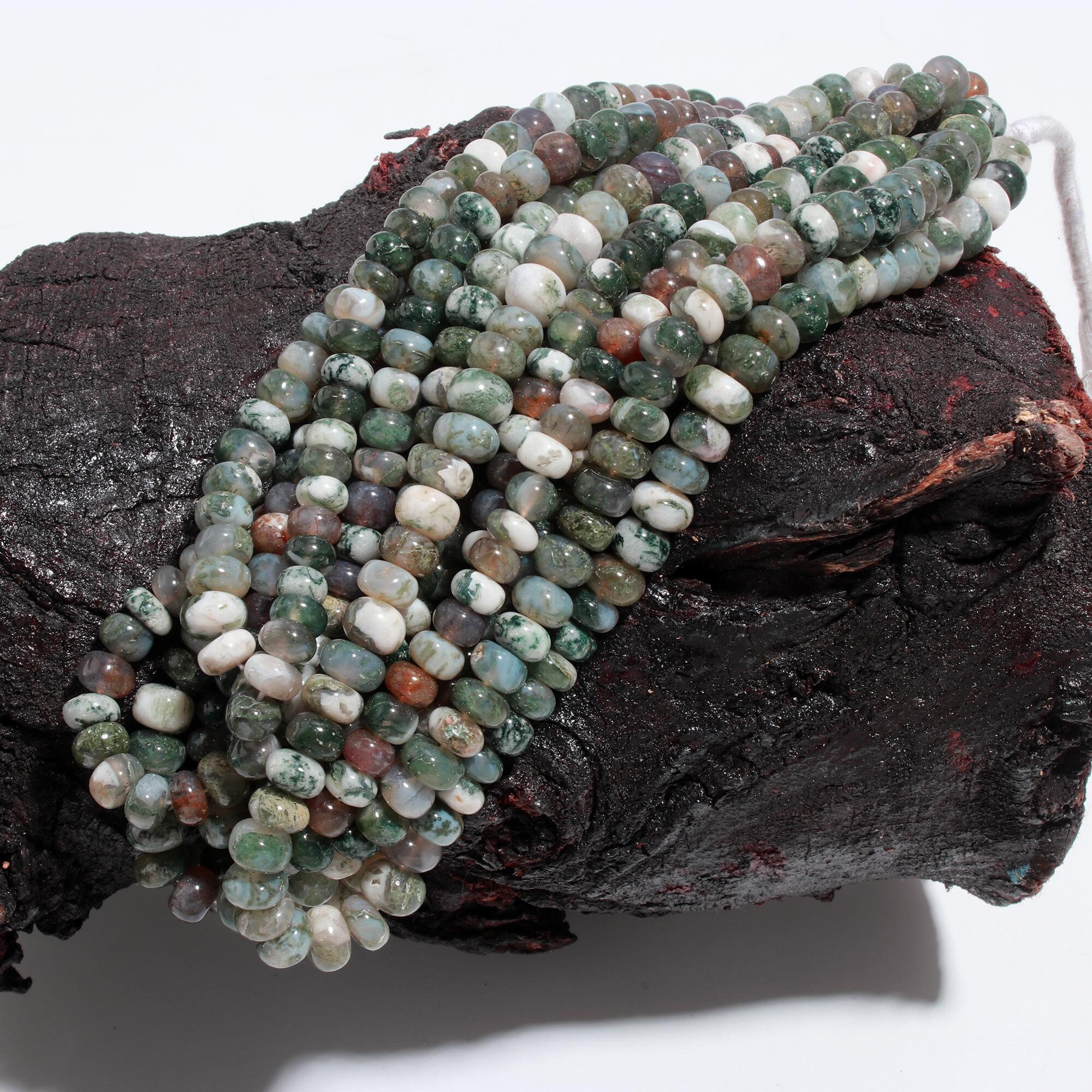 Natural Moss Agate Smooth Shaded Rondelle Gemstone Beads 6 Mm -8 Mm, Aaa Quality Rare Moss Agate Gemstone Beads, Jewelry Making Craft