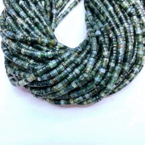 Moss Agate Heishi Round Beads 3mm 4mm, Green Gemstone Moss Agate Seed Beads, Small Moss agate Cylinder Spacers, Small Green Tube Beads