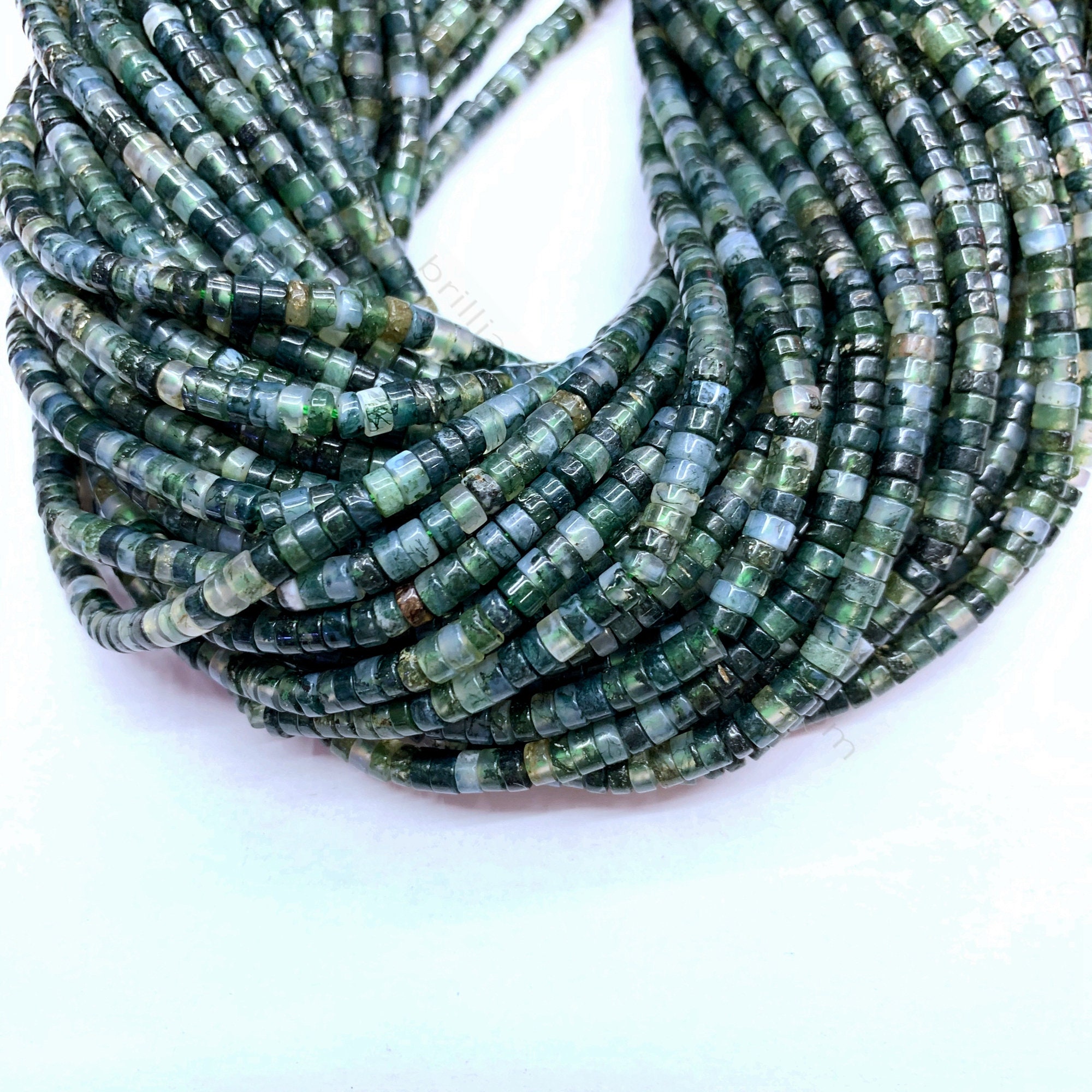 Moss Agate Heishi Round Beads 3mm 4mm, Green Gemstone Moss Agate Seed Beads, Small Moss Agate Cylinder Spacers, Small Green Tube Beads