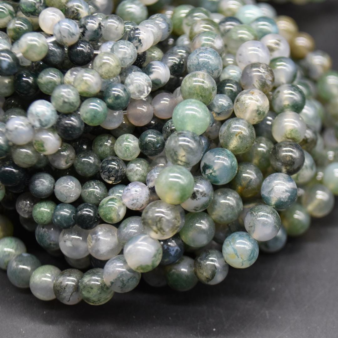 Light Moss Agate Gemstone Round Beads - 4mm, 6mm, 8mm, 10mm Sizes - 15" Strand For Jewellery Making