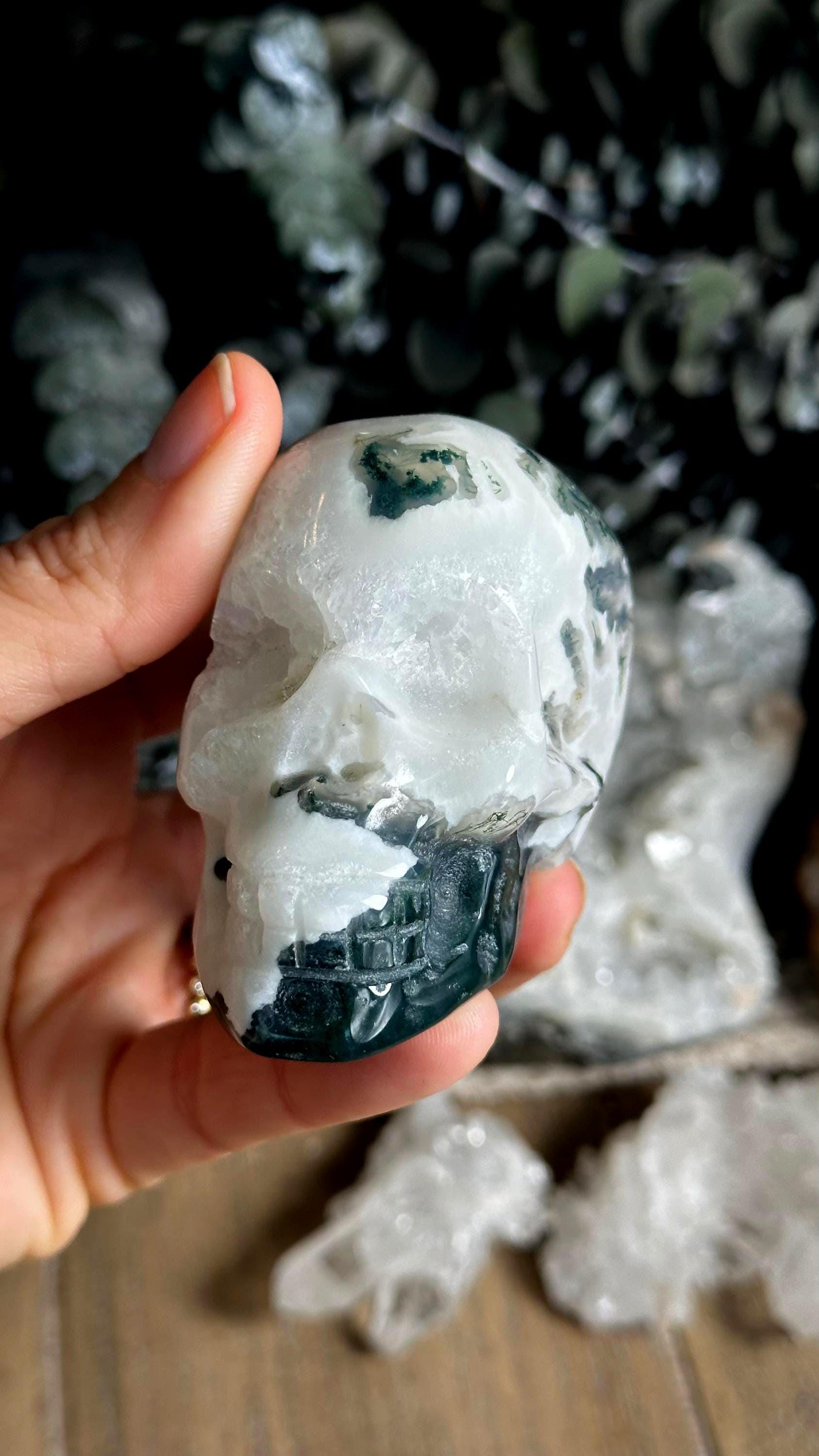 3” Moss Agate Crystal Skull Carving