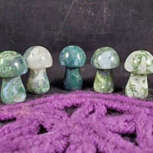 5 Moss Agate Carved Mushrooms Funky Stones Green Crystal Carving Trippy Mushie Shroom fungi fungus garden decor Bulk lot of 5