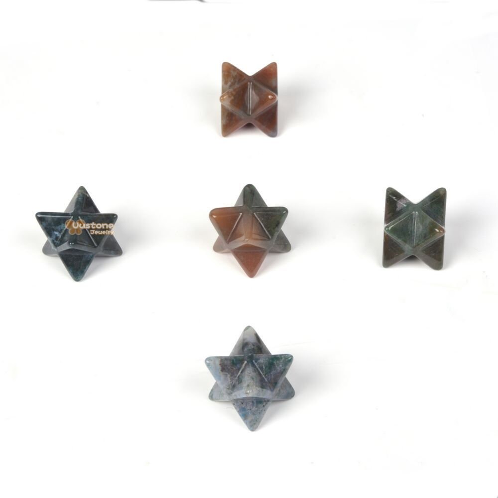 Carved Moss Agate Gemstone Crystal Merkaba Star Energy Healing Sacred Geometry Chakra Stone