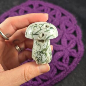Moss Agate Carved Mushroom Funky Stones Green Crystal Carving Trippy Mushie Shroom fungi fungus garden decor