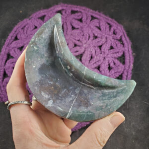 Moss Agate Crescent Moon Dish Crystal Bowl Druzy Vugs Green Carved Stones Polished altar offering jewelry dish charging plate Moonchild