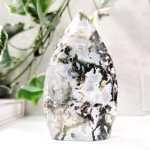 Moss Agate Crystal Flame • Natural Display Carving • Ethically Sourced