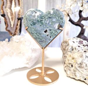 Moss Agate Crystal Heart on Stand • Natural Display Carving • Ethically Sourced