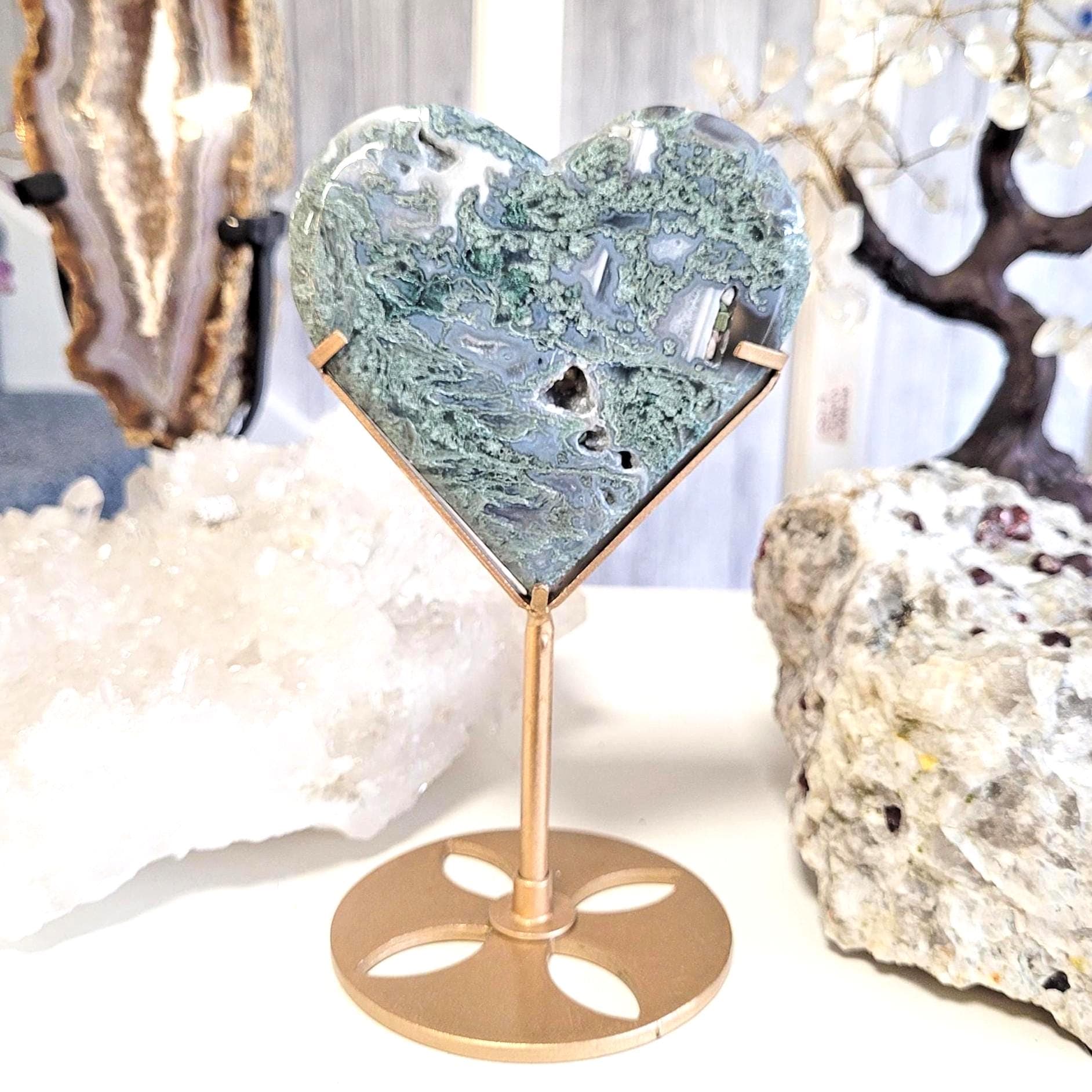 Moss Agate Crystal Heart On Stand • Natural Display Carving • Ethically Sourced