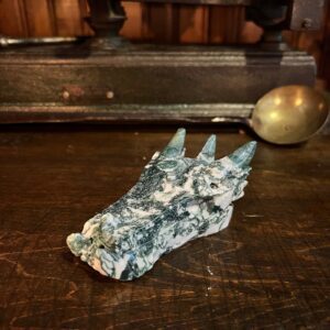 Moss Agate Dragon Skull: 9.3oz Crystal Carving