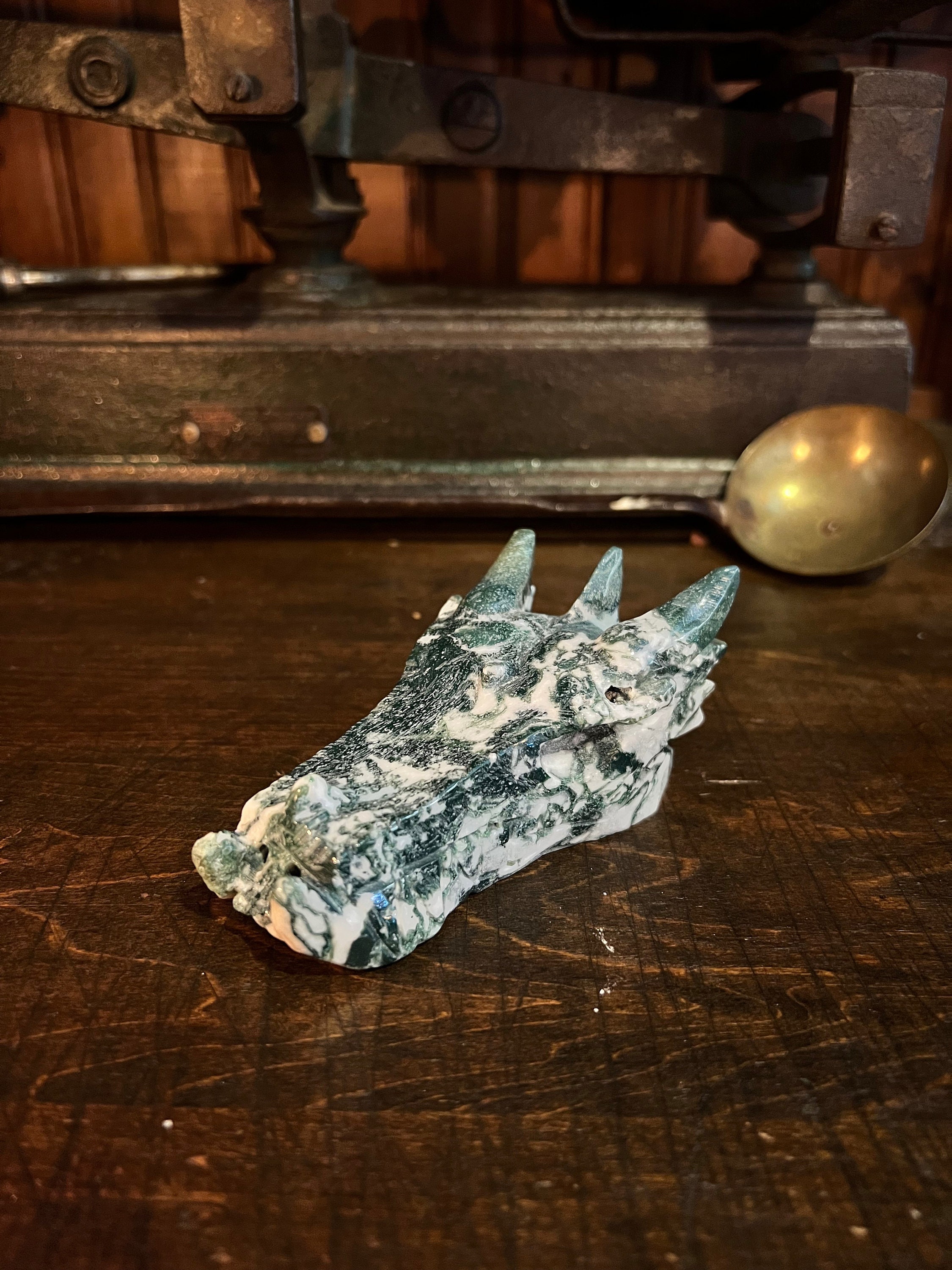 Moss Agate Dragon Skull: 9.3oz Crystal Carving