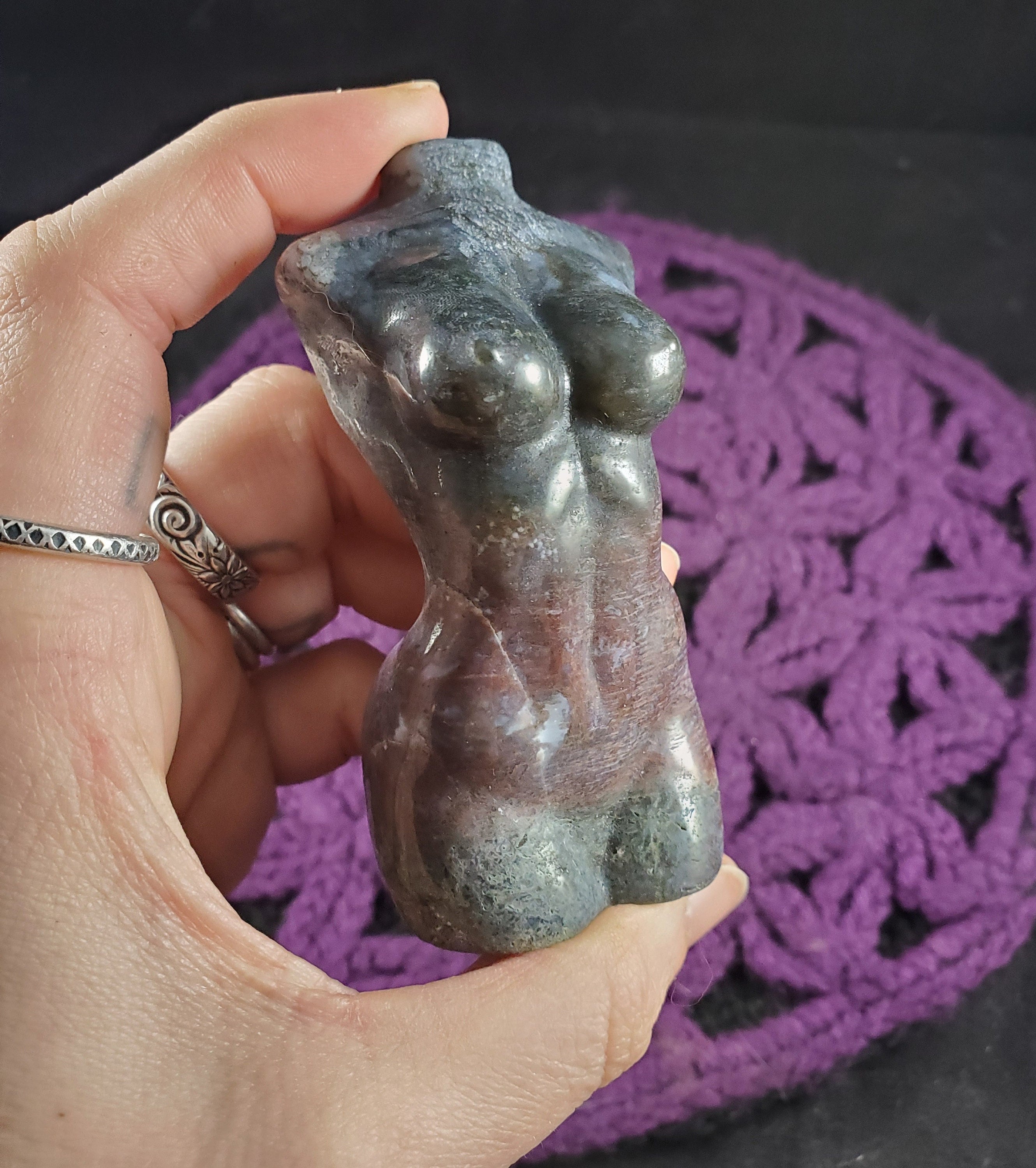 Moss Agate Goddess Body Carving Green Blue Stones Female Woman Torso Crystals Self Standing Totem Polished Carved