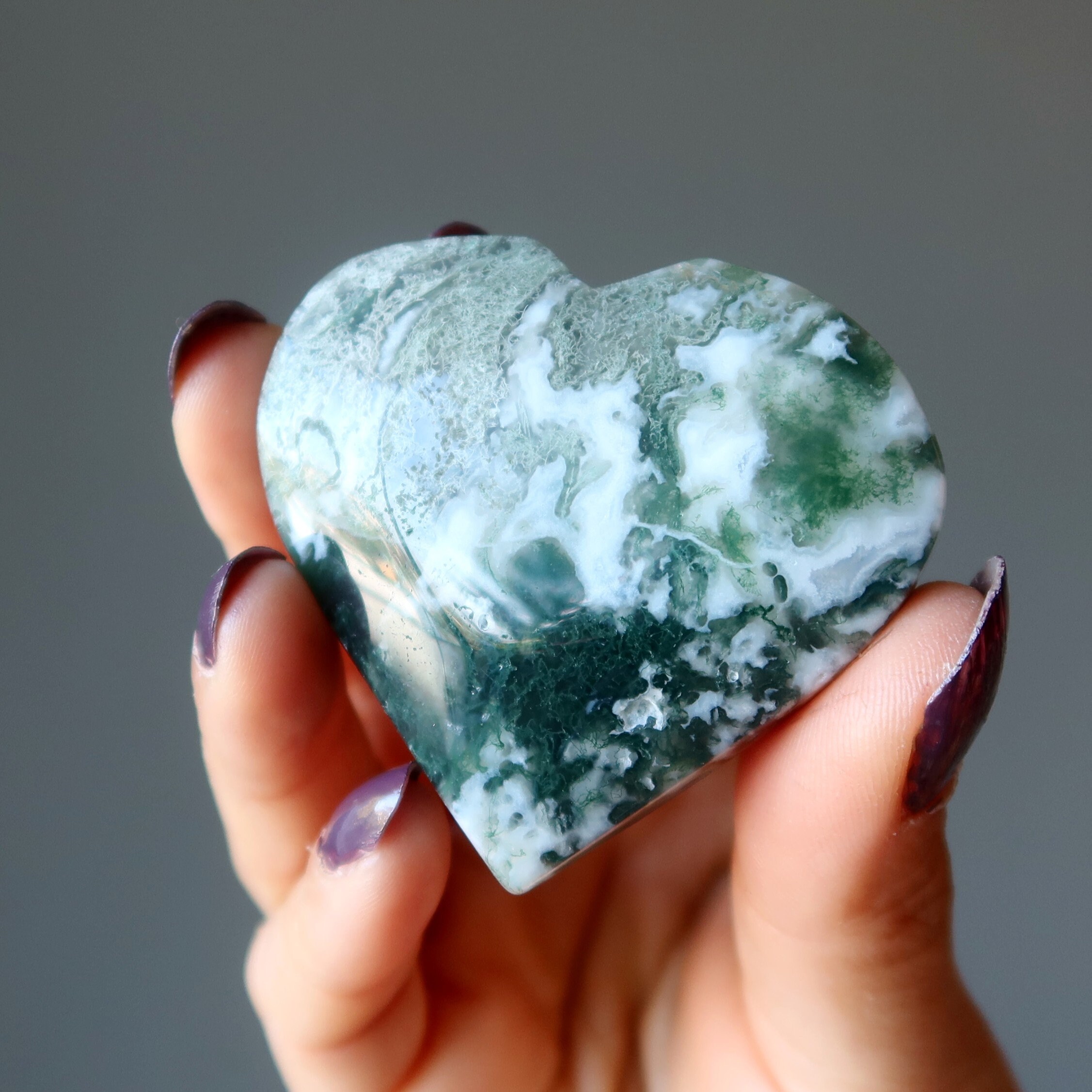 Moss Agate Heart Love Terrarium Clear Green Spotted Gem