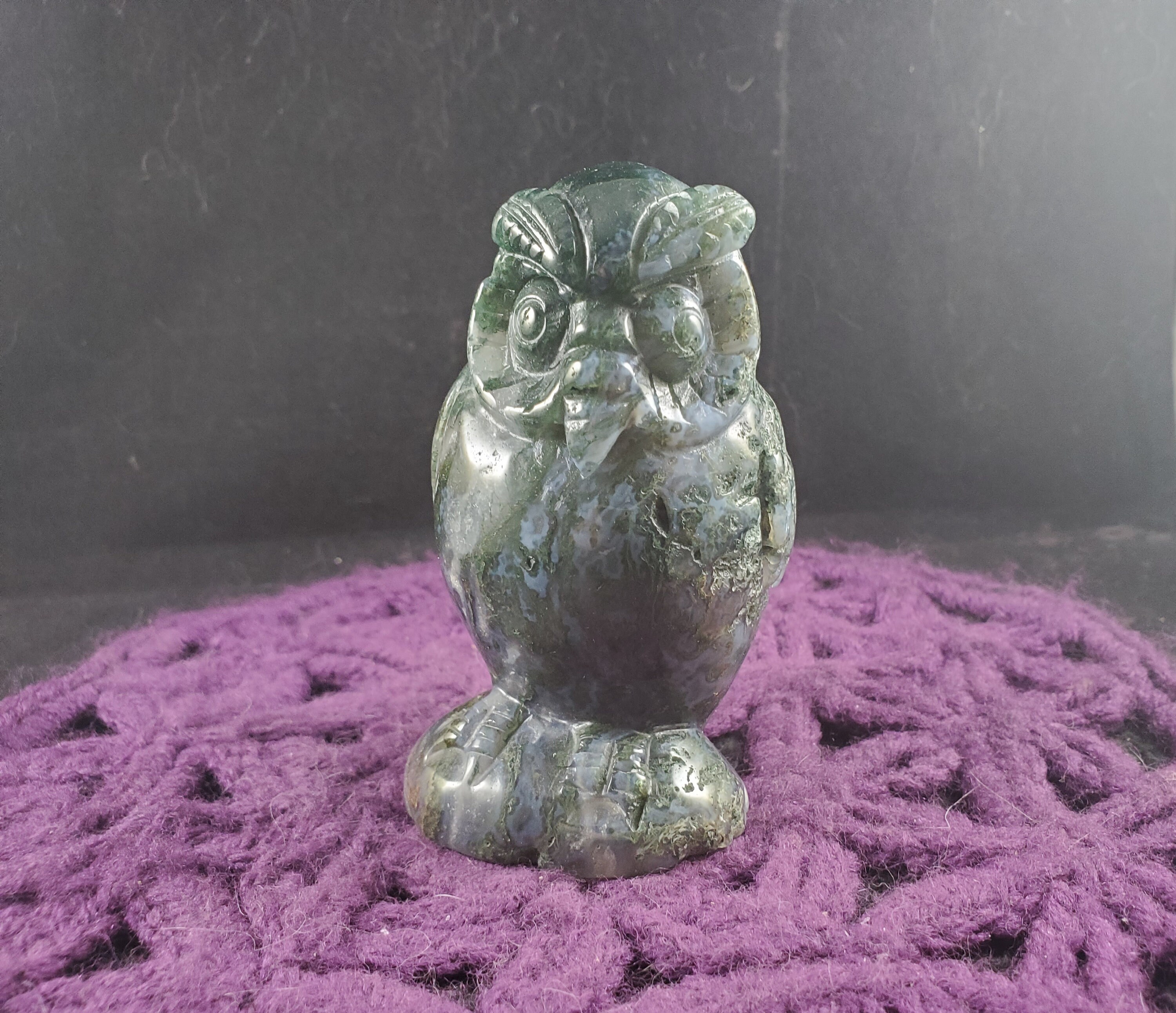 Large Moss Agate Owl Polished Crystal Stones Carved Crystals Hand Carving Shiny Green Wisdom Magick