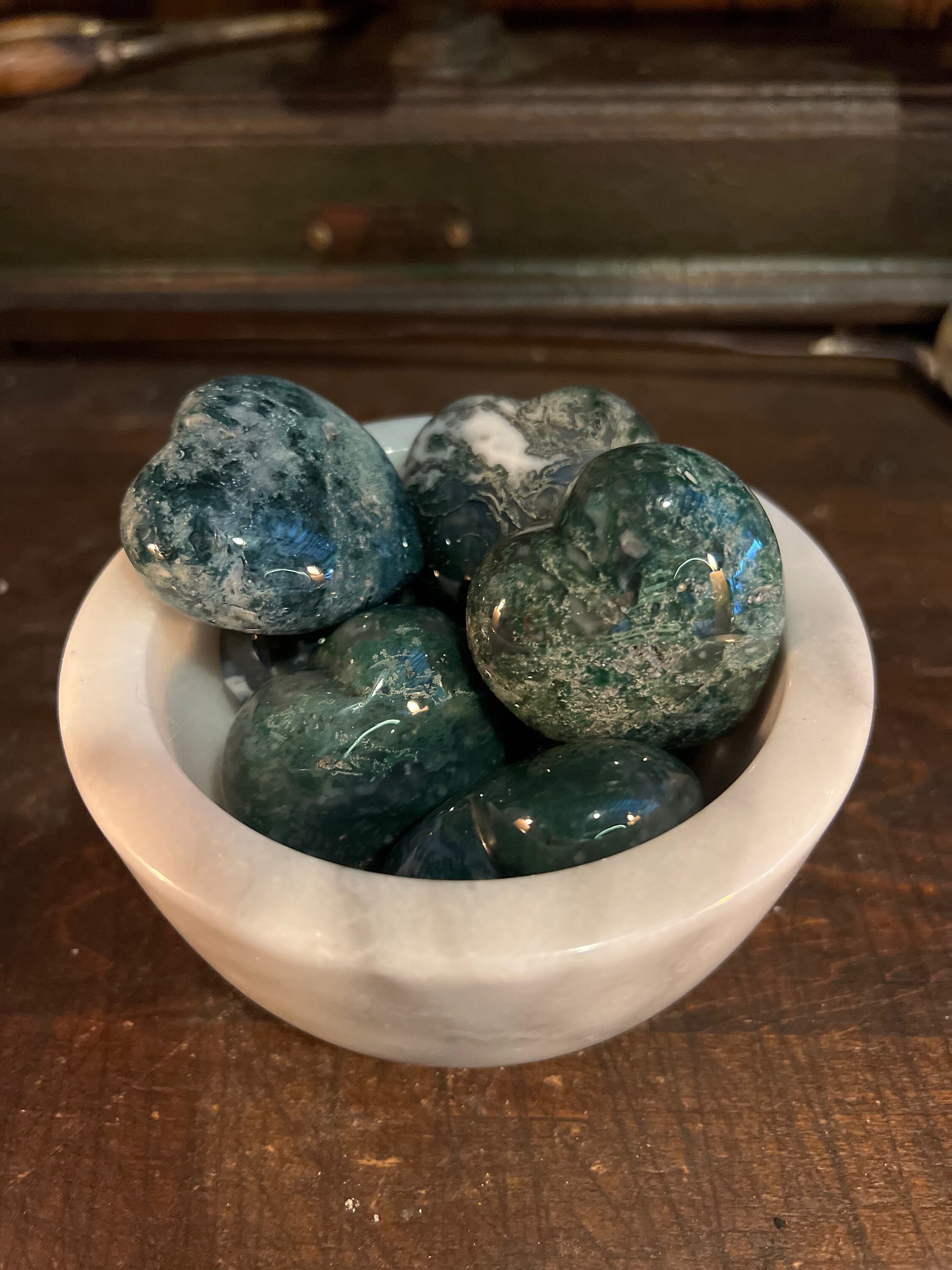 Polished Moss Agate Heart: Meditation Crystal (2.3 Oz)