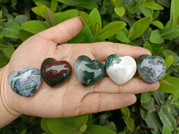 Moss Agate Puffy Heart 30mm