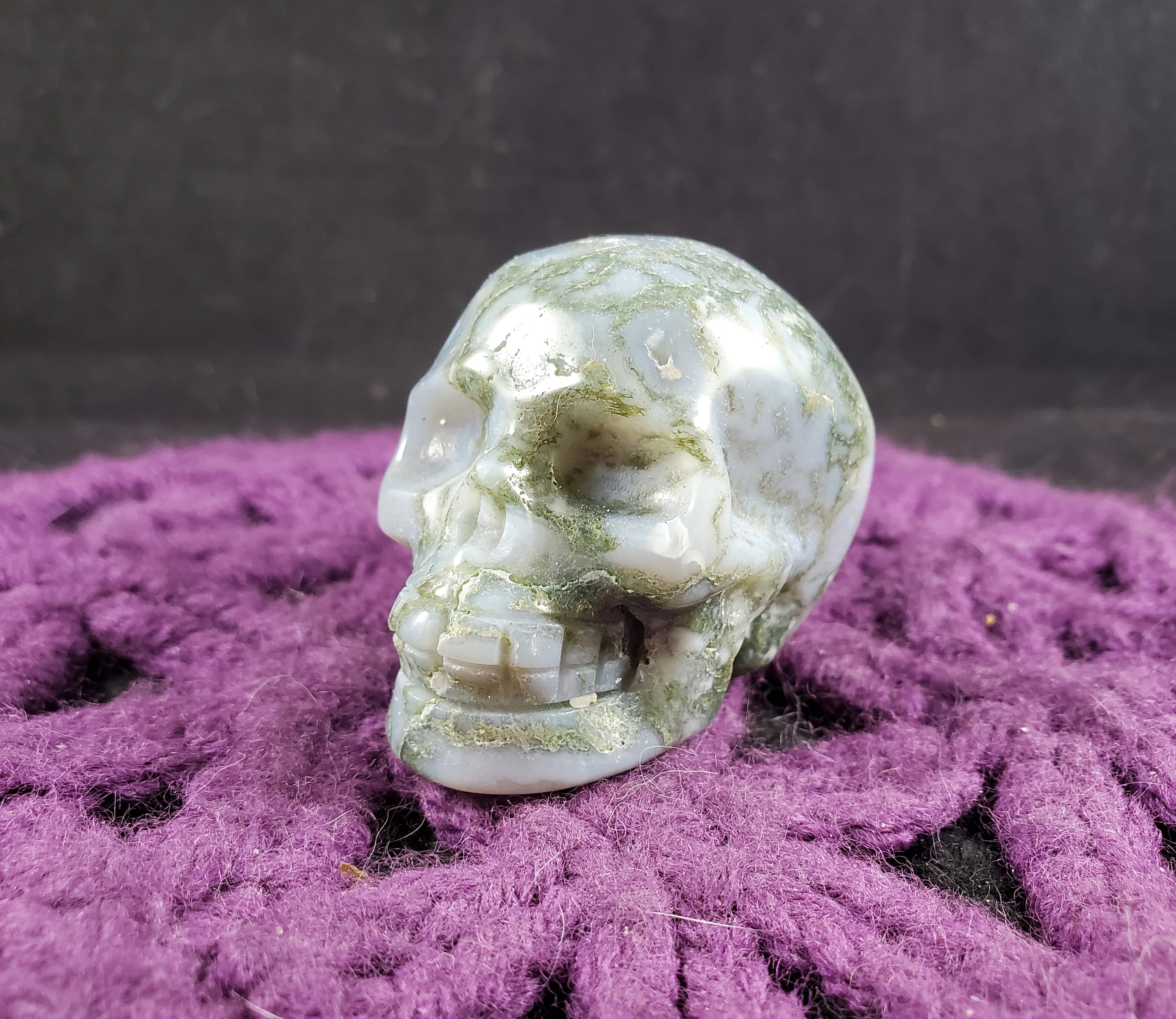 Moss Agate Skull Polished Crystal Stones Carved Druzy Vug Skulls Memento Mori