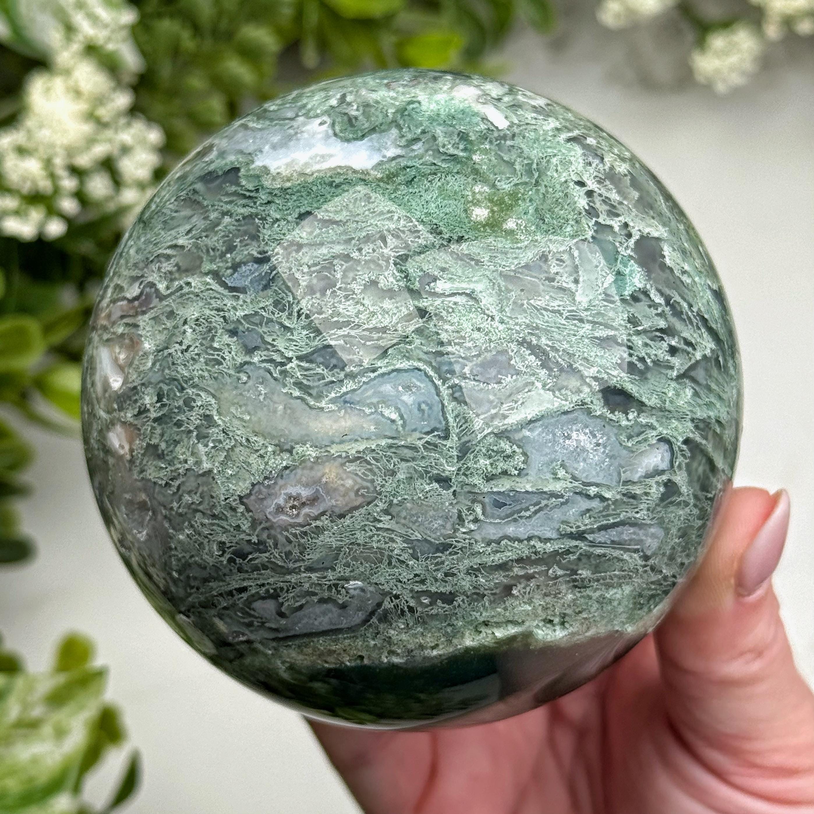 Moss Agate Sphere | 84mm | - #2 (polished Green Crystal Ball, Heart Chakra, Healing Stone)