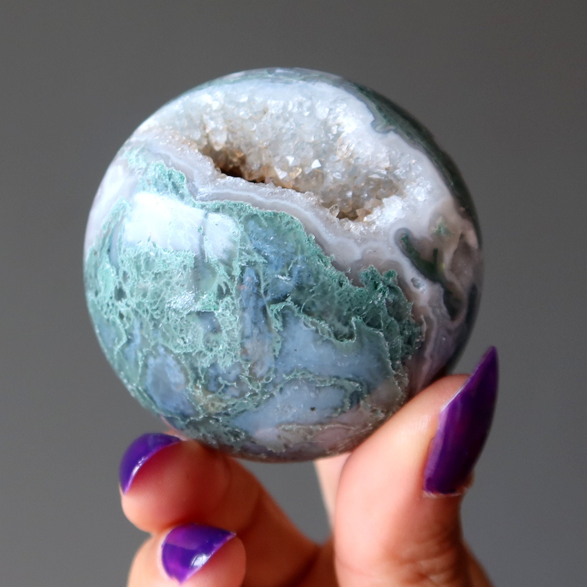 Moss Agate Sphere Green Glitter Cave Meditation Crystal Ball