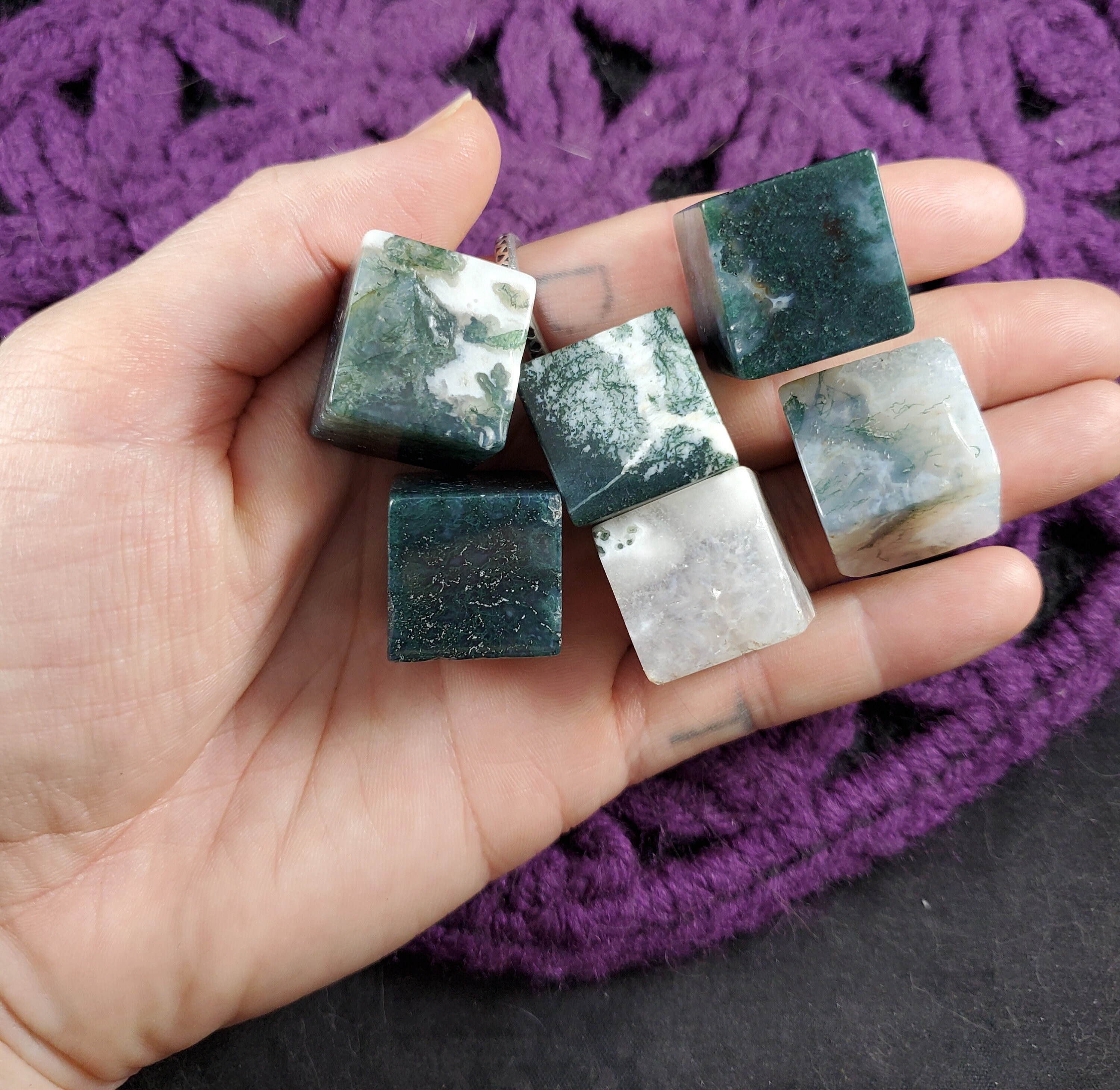 6 Moss Agate Tumbled Cubes Crystal Stones Crystals Green Clear White Sacred Geometry Shapes Gridding Lot Parcel Bulk