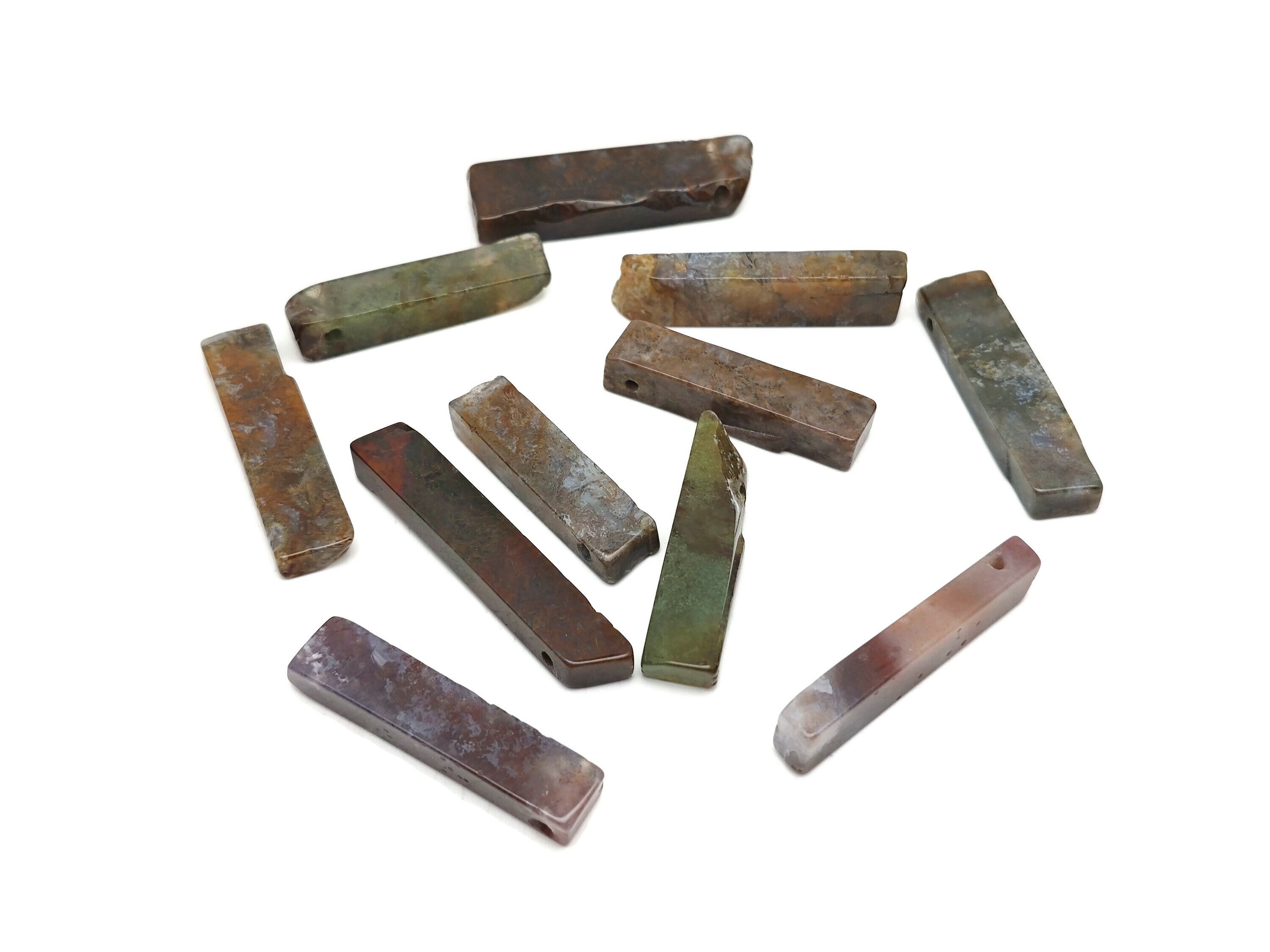 Moss Agate Drilled Tumbled Stones - Rectangle Hole Tumbled Stone - Making Jewelry Cytsals - Bulk Stones - Nc1675