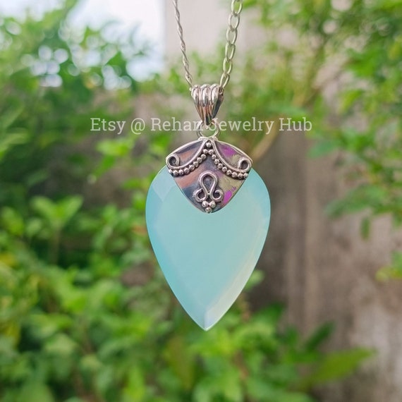 Natural Aqua Calcite Pendant, 925 Sterling Silver Pendant, Chalcedony Minimal Pendant,lovely Charm Pendant,big Stone Pendant,valentines Gift