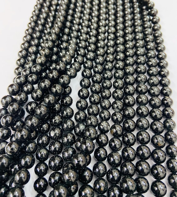 Natural Black Jet Beads, 8mm Round Gemstone, 15" Strand